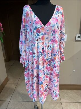 ANDREE BY UNIT Pink Floral V-Neck Midi Dress
